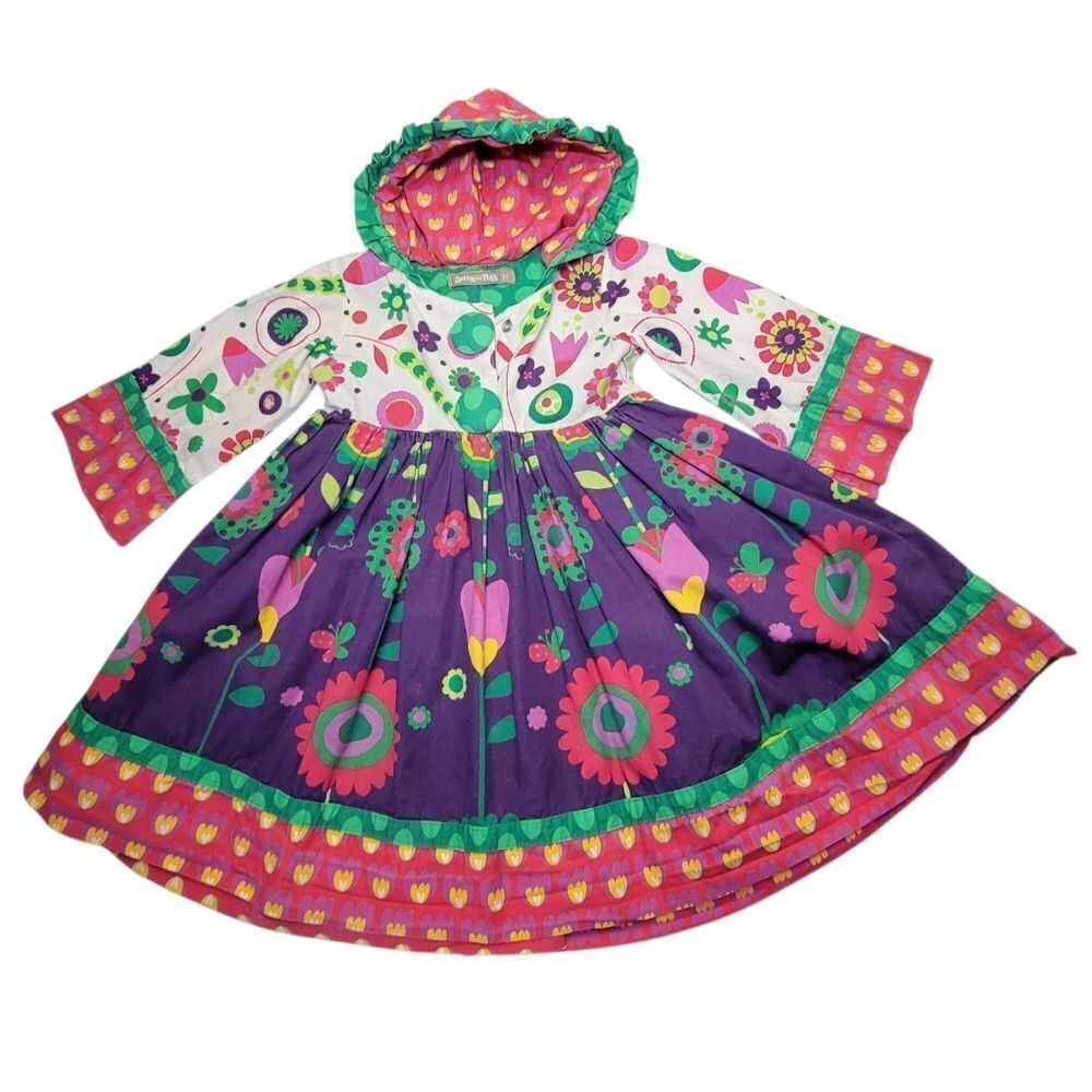 Jelly The Pug Colorful Floral Long Sleeve Hooded Dress Girls 2T